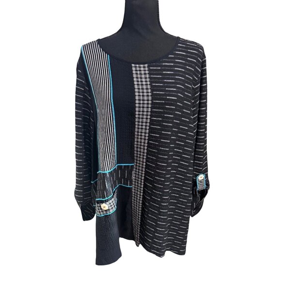 Ali Miles Black White Patchwork Tunic Top 1X Cotton Blend Womens Lagenlook Artsy - Picture 1 of 10